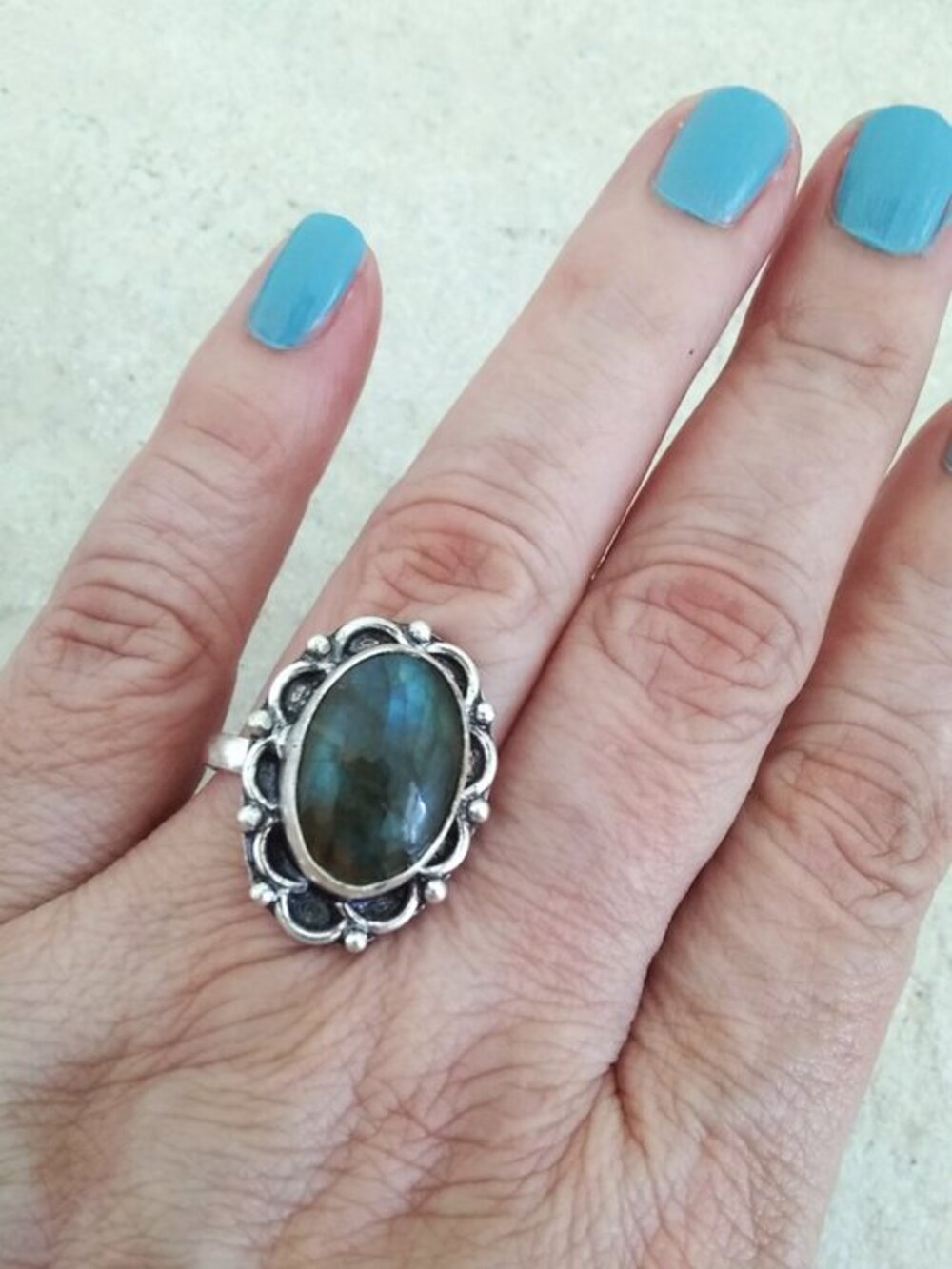 Sz 9.25 - Dark Oval Labradorite w. Mottled Dark Blue Flash
